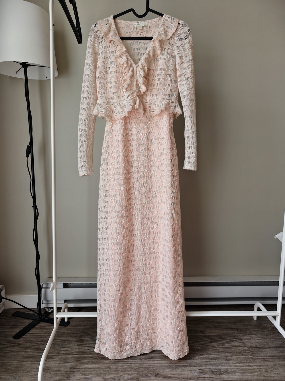 Elegant Lace Maxi Dress with Matching Cropped Jacket - Blush Pink